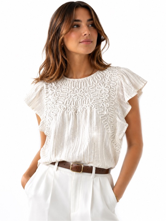 Jennifer & Grace Tops - White Cotton Silver Metallic Design Textured Preppy Top size Large